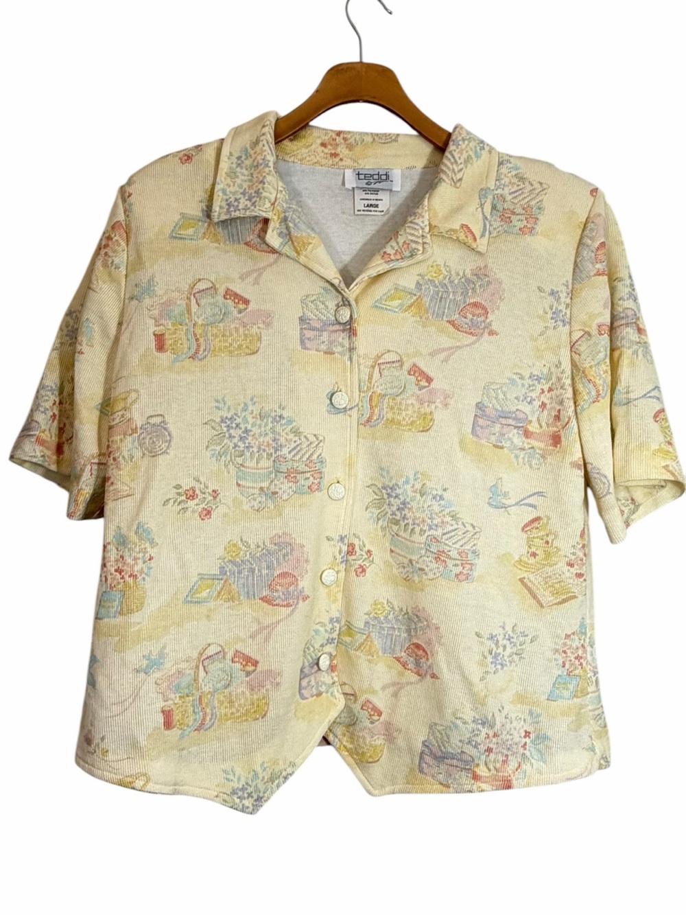 Vintage Teddi Yellow Short-Sleeve Button-Front Size L Cottagecore Grandmacore